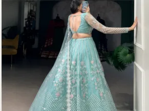 Women's Embroidered Semi-Stitched Satin Lehenga Choli Set view 3